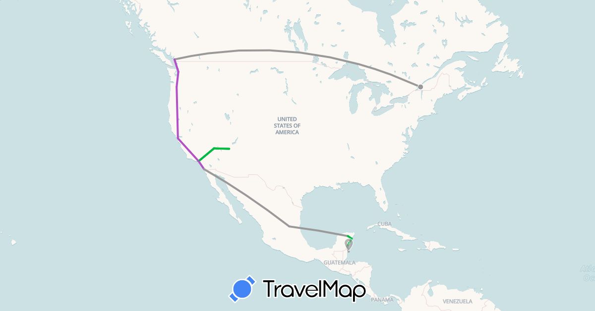 TravelMap itinerary: driving, bus, plane, train in Belize, Canada, Mexico, United States (North America)